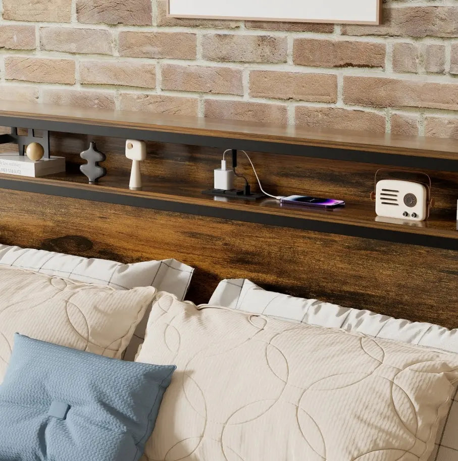 Queen Size Bed Frame, Storage Headboard With LED Light, Charging Station, Solid And Stable, Noise Fr My Store