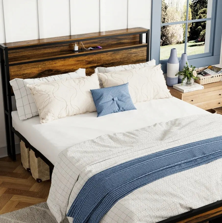 Queen Size Bed Frame, Storage Headboard With LED Light, Charging Station, Solid And Stable, Noise Fr My Store