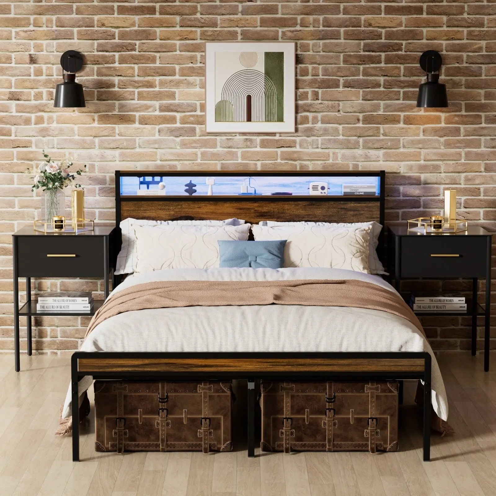 Queen Size Bed Frame, Storage Headboard With LED Light, Charging Station, Solid And Stable, Noise Fr My Store