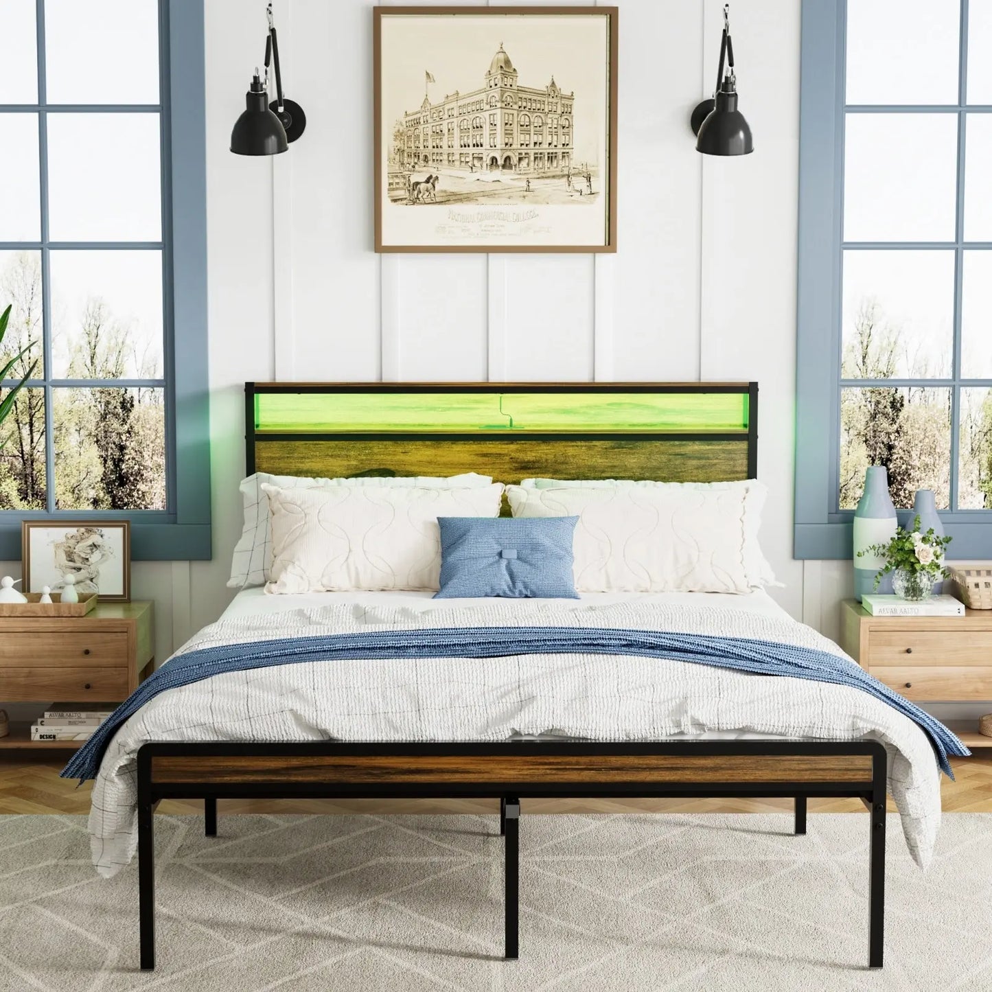 Queen Size Bed Frame, Storage Headboard With LED Light, Charging Station, Solid And Stable, Noise Fr My Store