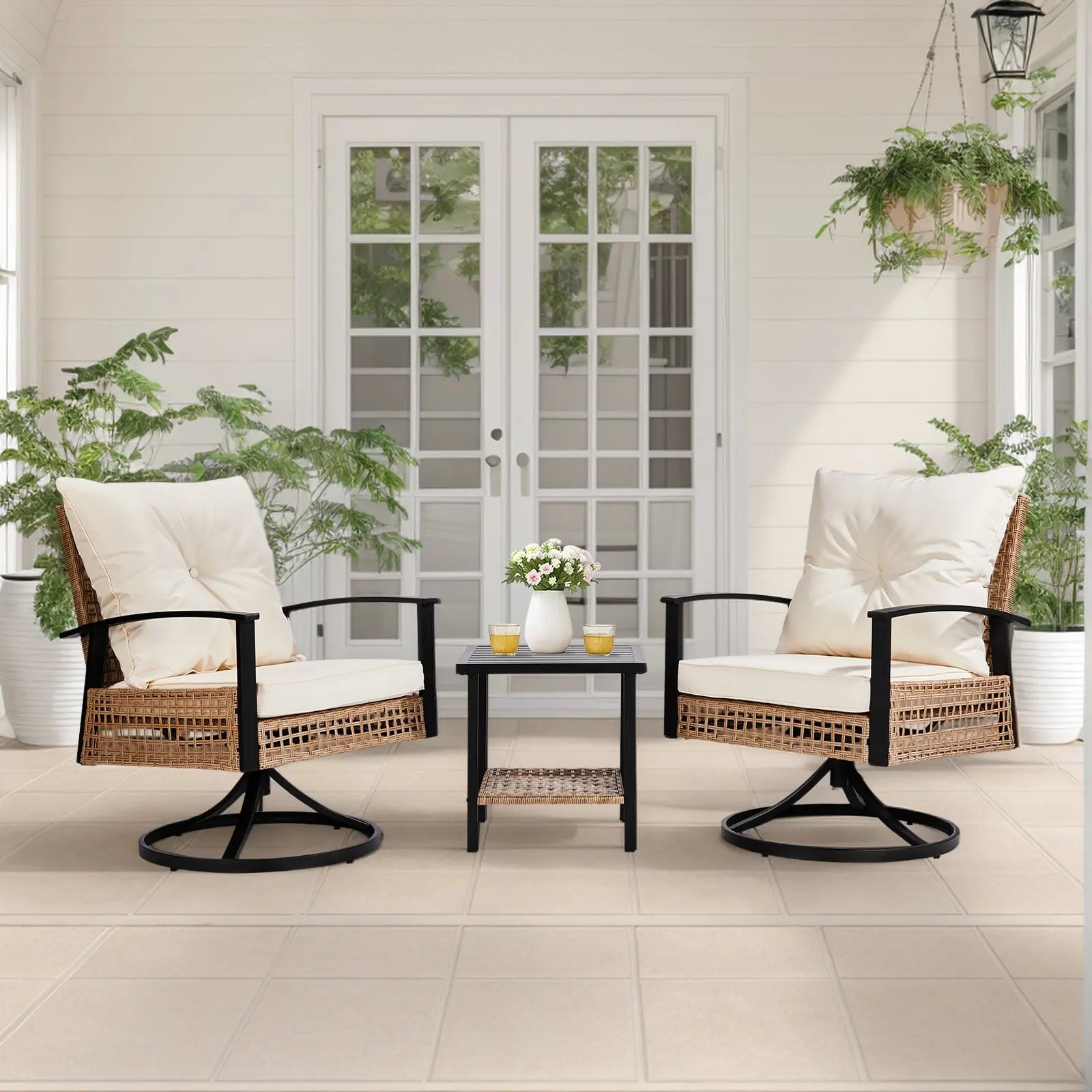 2pcs Swivel Chair And 1pc Side Table, Sparsely Braided Light Yellow Rattan, Off-white Mat, Braided Rattan Three-piece Set My Store
