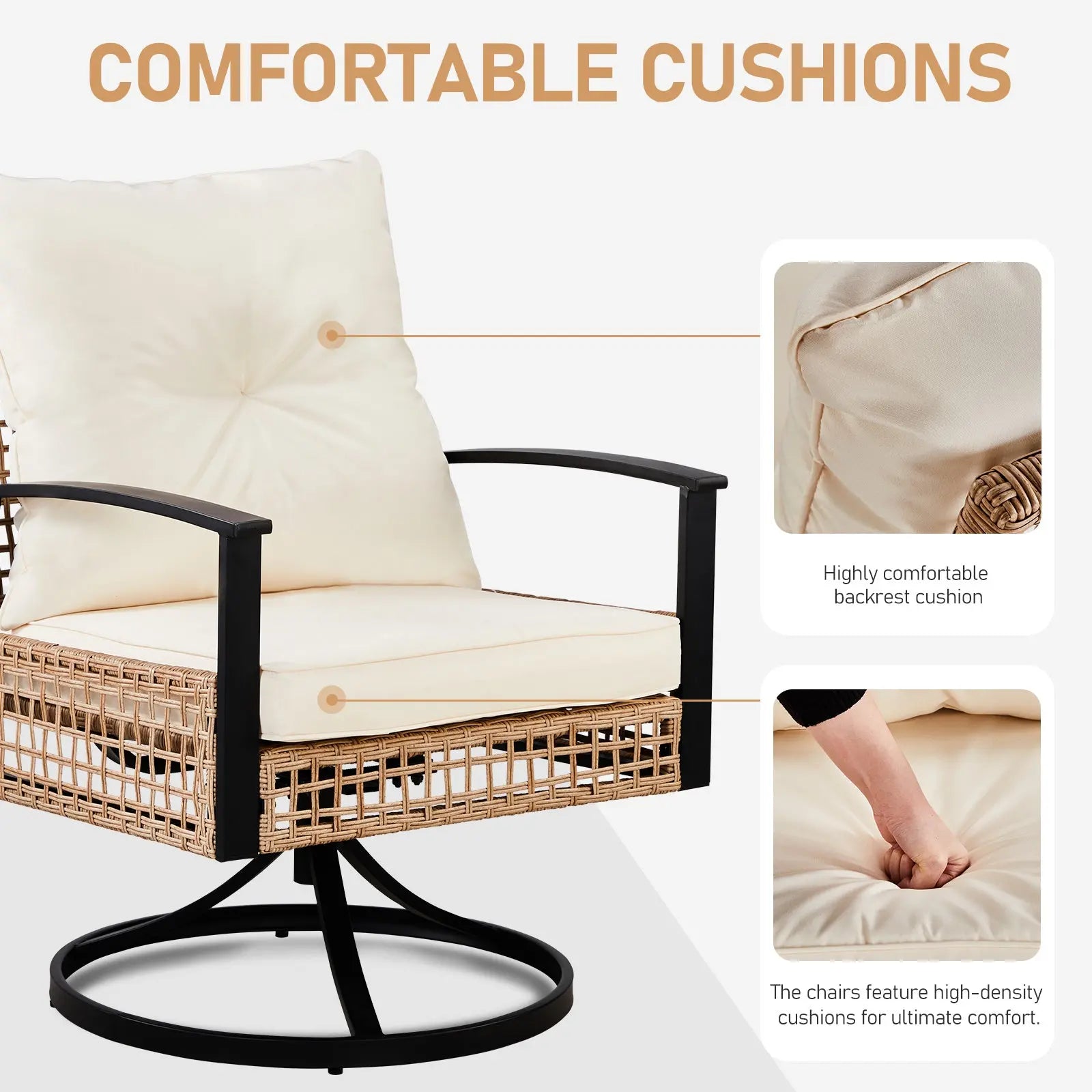 2pcs Swivel Chair And 1pc Side Table, Sparsely Braided Light Yellow Rattan, Off-white Mat, Braided Rattan Three-piece Set My Store