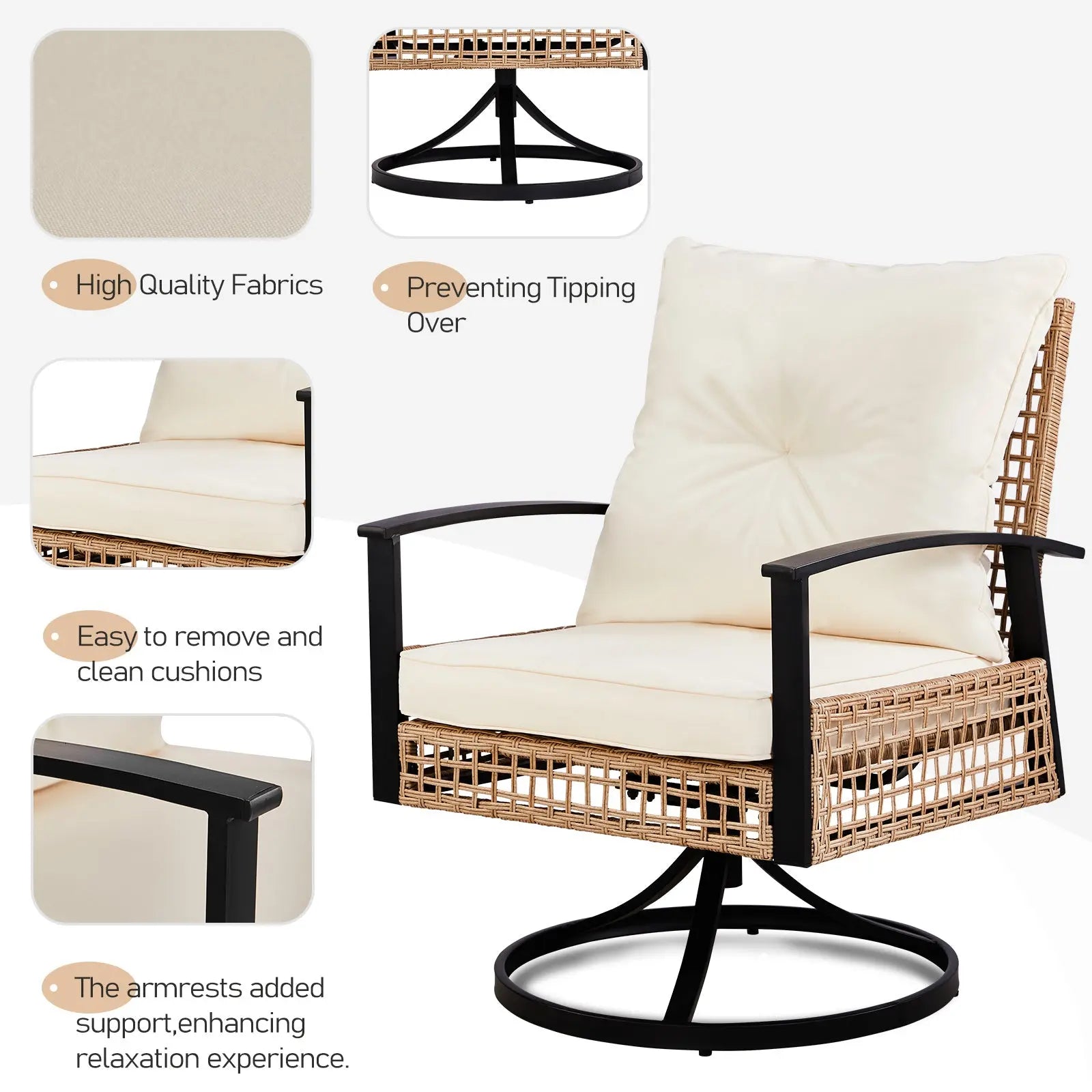 2pcs Swivel Chair And 1pc Side Table, Sparsely Braided Light Yellow Rattan, Off-white Mat, Braided Rattan Three-piece Set My Store