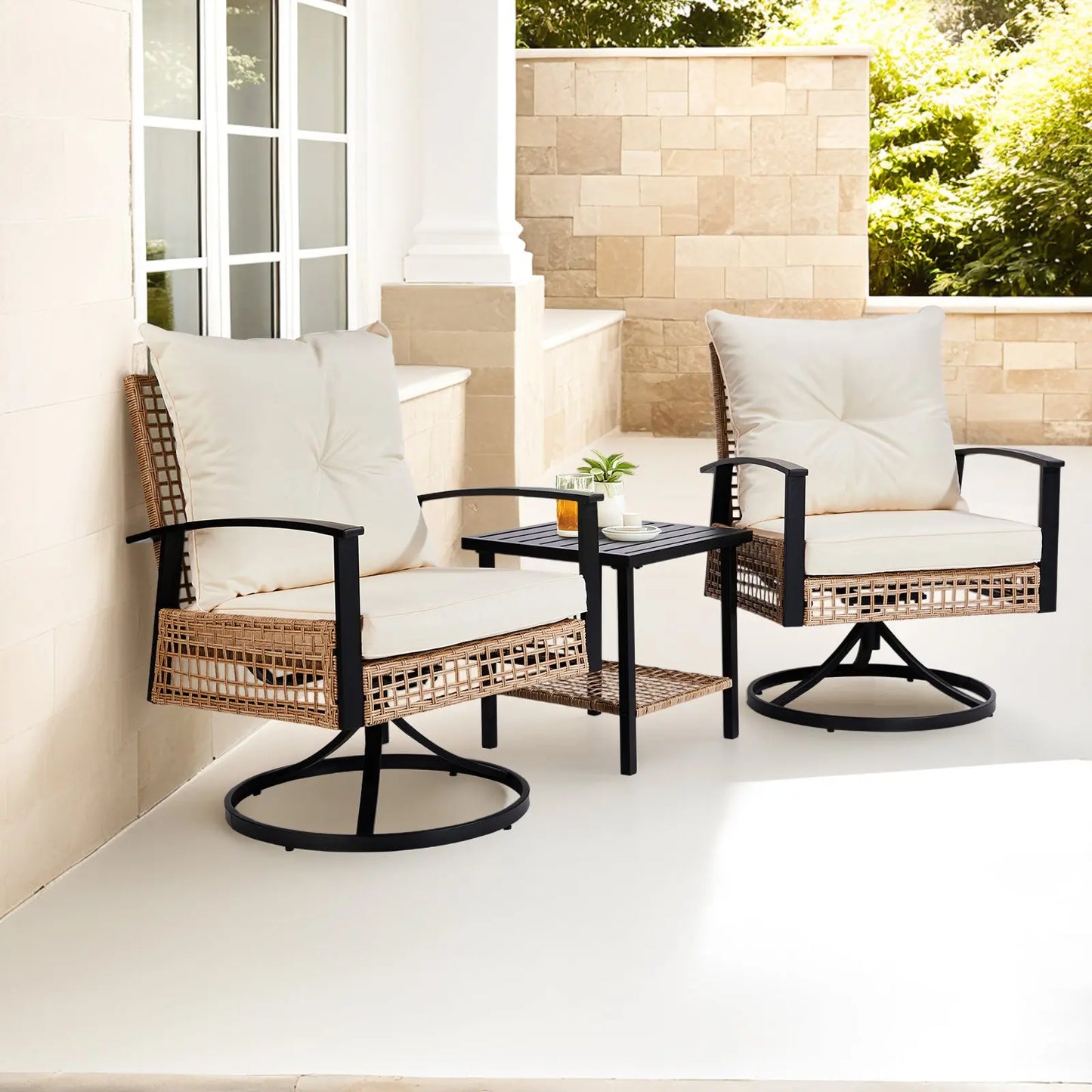 2pcs Swivel Chair And 1pc Side Table, Sparsely Braided Light Yellow Rattan, Off-white Mat, Braided Rattan Three-piece Set My Store