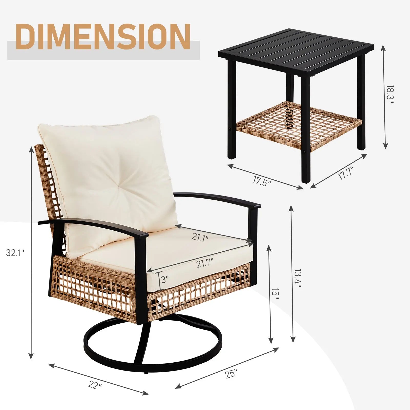 2pcs Swivel Chair And 1pc Side Table, Sparsely Braided Light Yellow Rattan, Off-white Mat, Braided Rattan Three-piece Set My Store