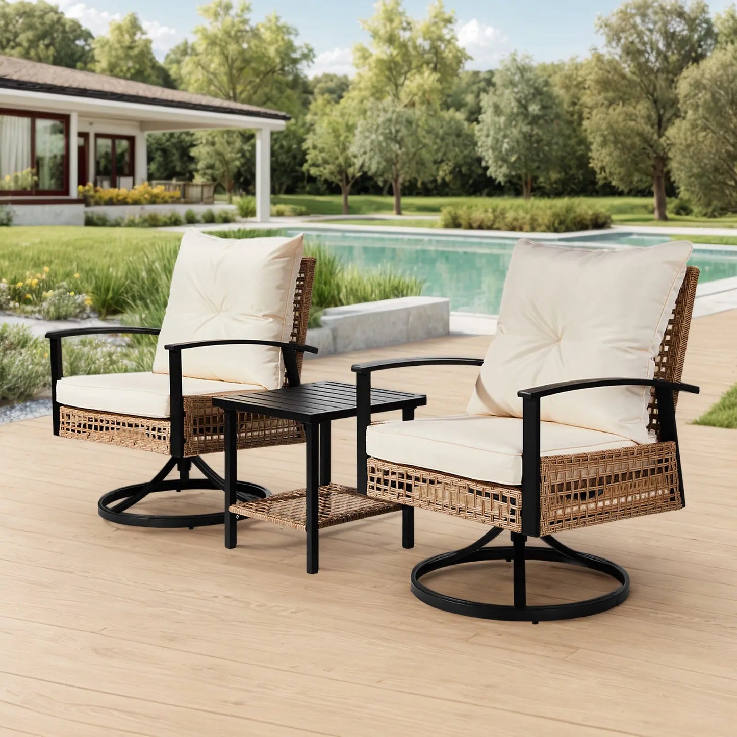 2pcs Swivel Chair And 1pc Side Table, Sparsely Braided Light Yellow Rattan, Off-white Mat, Braided Rattan Three-piece Set My Store
