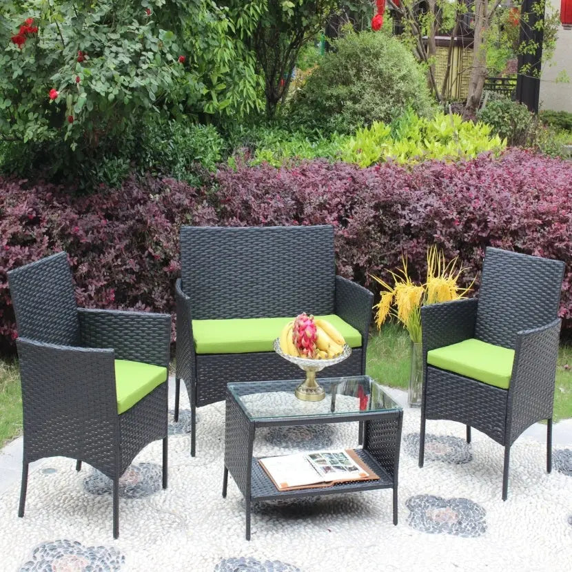 4PC Rattan Patio Furniture Set Outdoor Wicker Sofa W Green Cushions My Store
