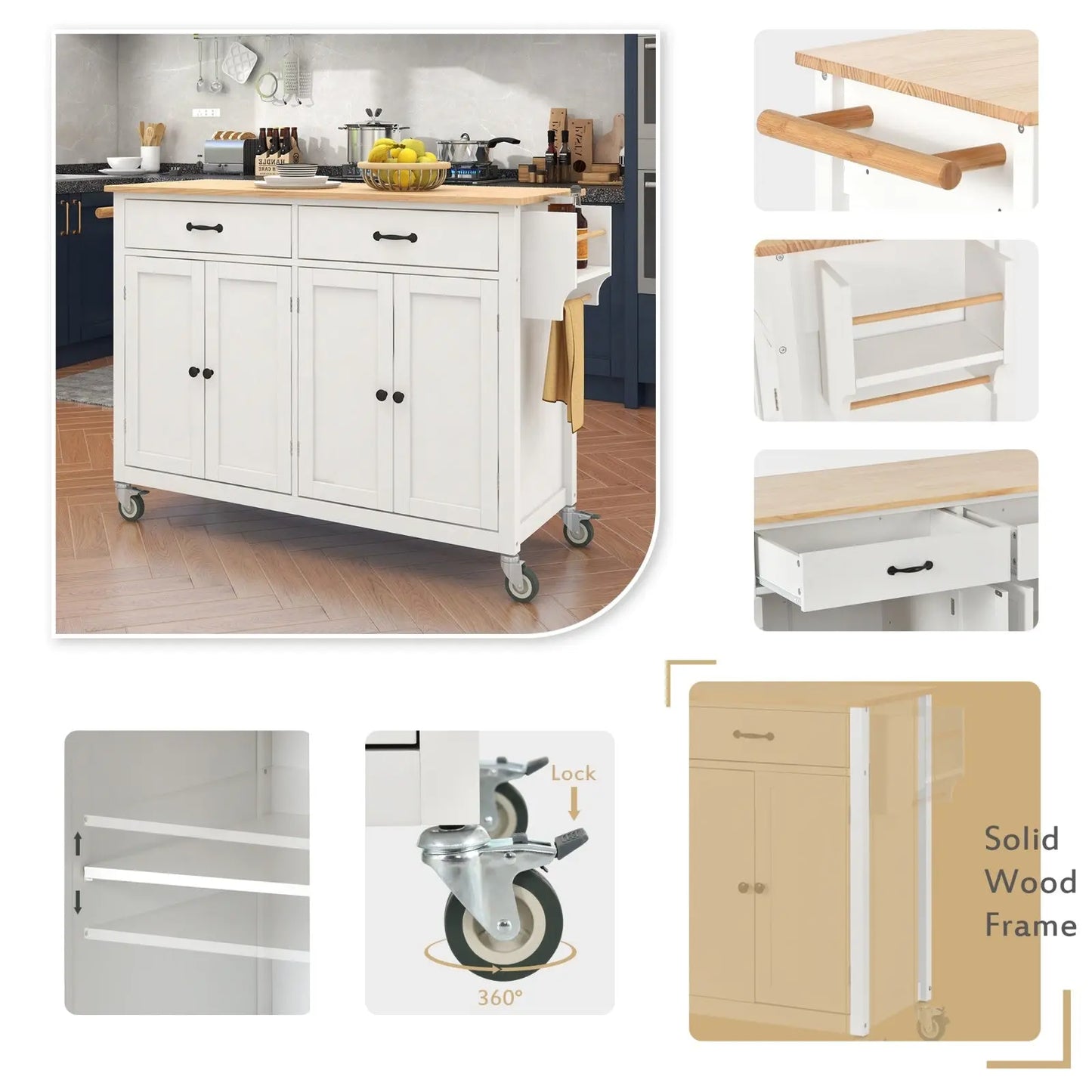 54.3Kitchen Island Cart Solid Wood Top, Locking Wheels, 4-Door Cabinet My Store