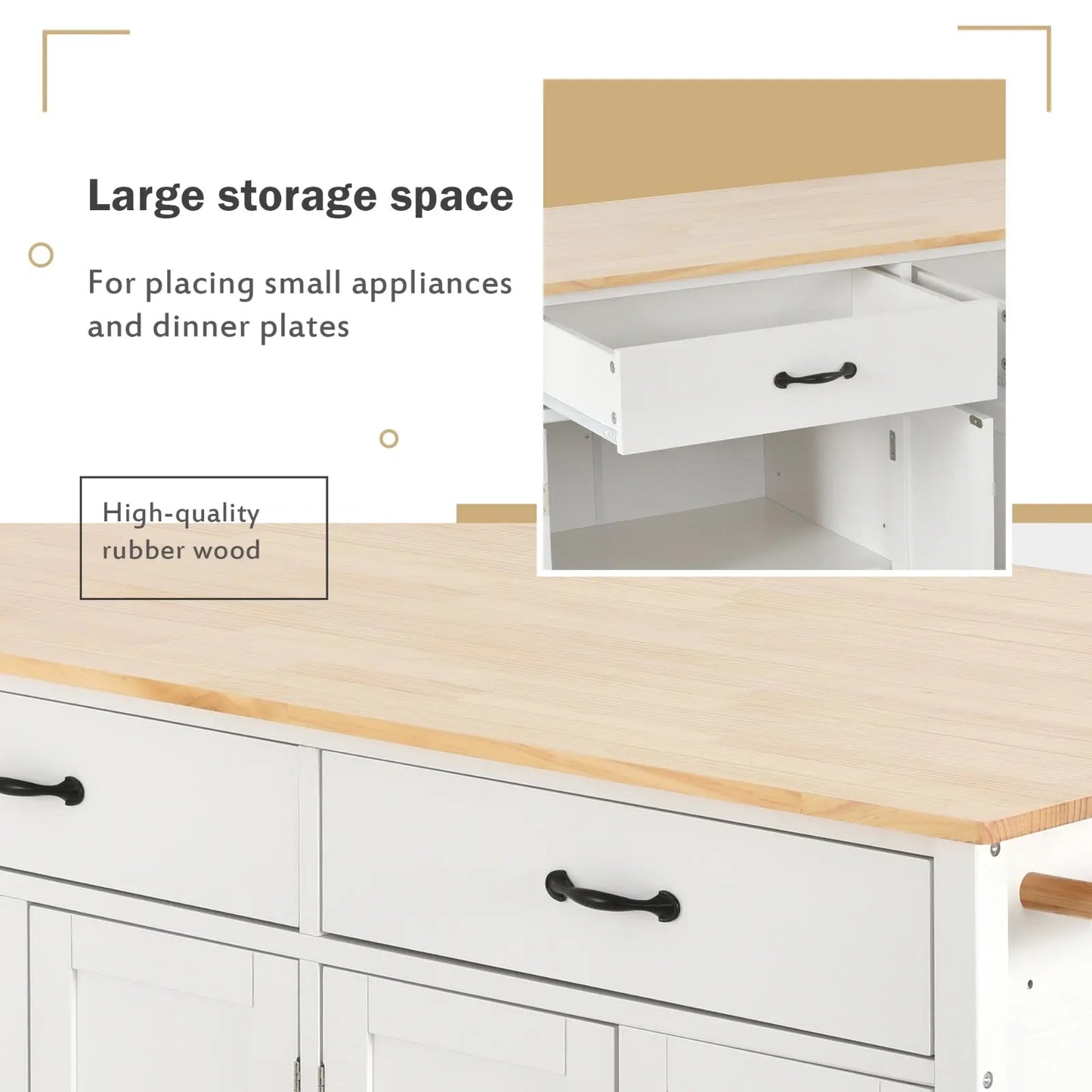 54.3Kitchen Island Cart Solid Wood Top, Locking Wheels, 4-Door Cabinet My Store