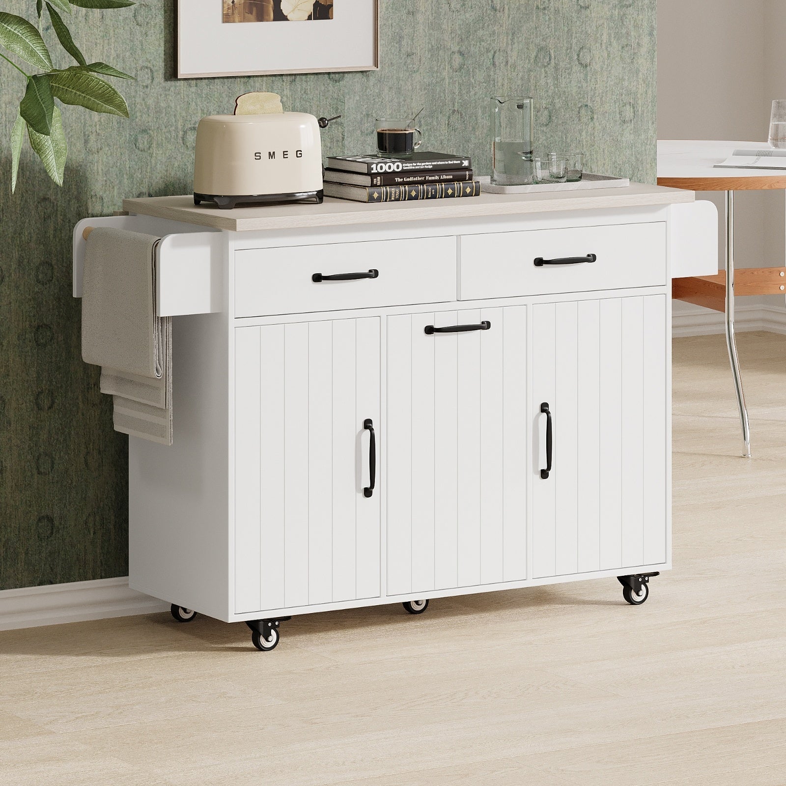 Kitchen Island With Trash Can Storage Cabinet, Kitchen Cart With Drop Leaf, Spice Rack Inkedjoy