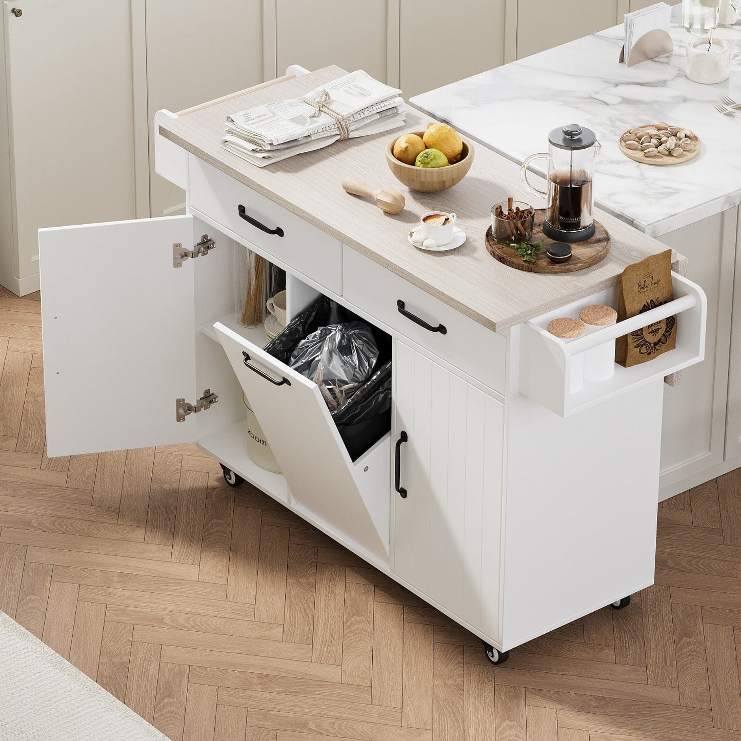 Kitchen Island With Trash Can Storage Cabinet, Kitchen Cart With Drop Leaf, Spice Rack Inkedjoy