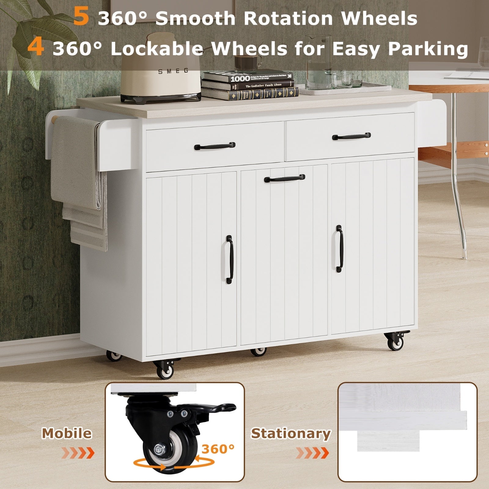 Kitchen Island With Trash Can Storage Cabinet, Kitchen Cart With Drop Leaf, Spice Rack Inkedjoy