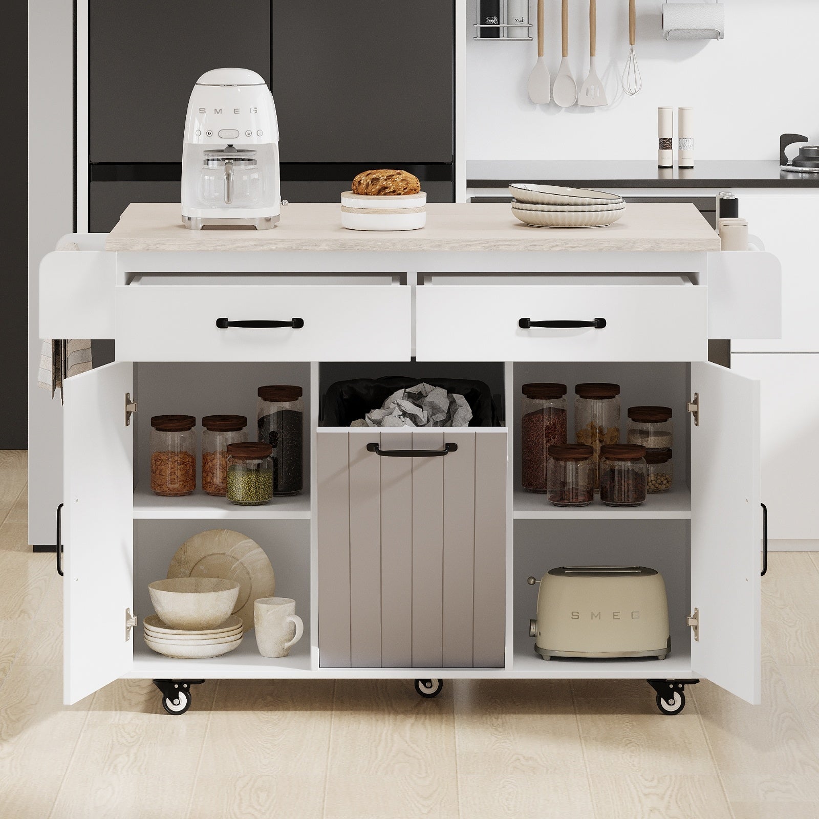 Kitchen Island With Trash Can Storage Cabinet, Kitchen Cart With Drop Leaf, Spice Rack Inkedjoy