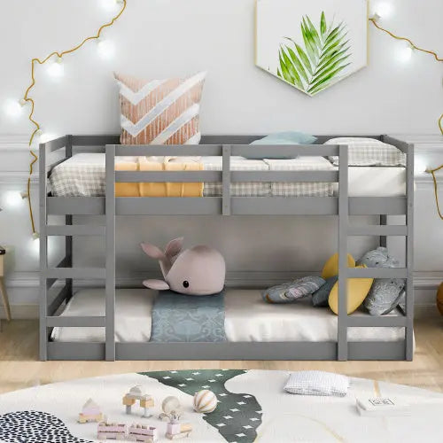 Twin Over Twin Bunk Bed With Ladder, Gray My Store