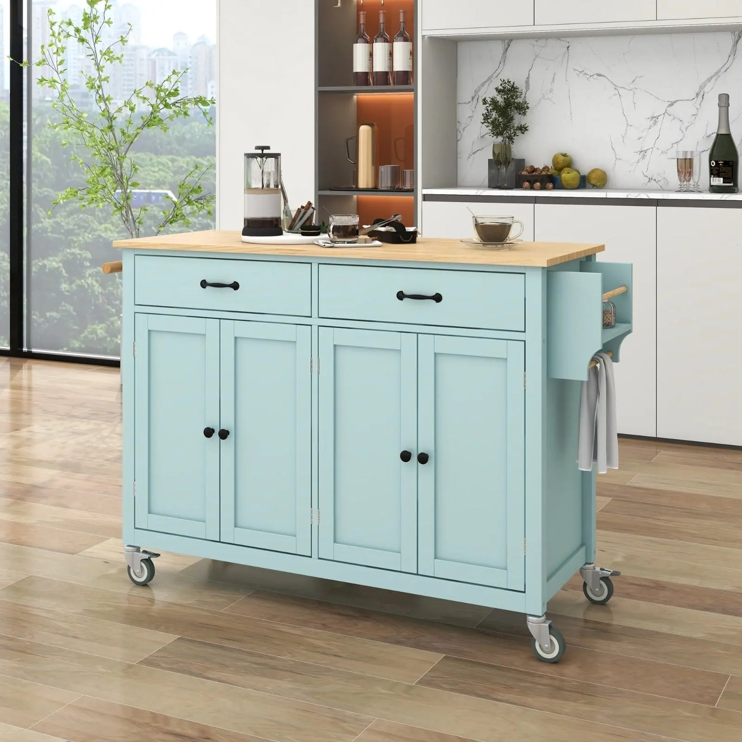 Kitchen Island Cart 4-Door Cabinet, 2 Drawers, 2 Locking Wheels, Solid Wood Top My Store