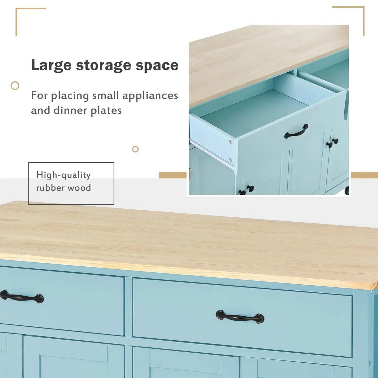 Kitchen Island Cart 4-Door Cabinet, 2 Drawers, 2 Locking Wheels, Solid Wood Top My Store