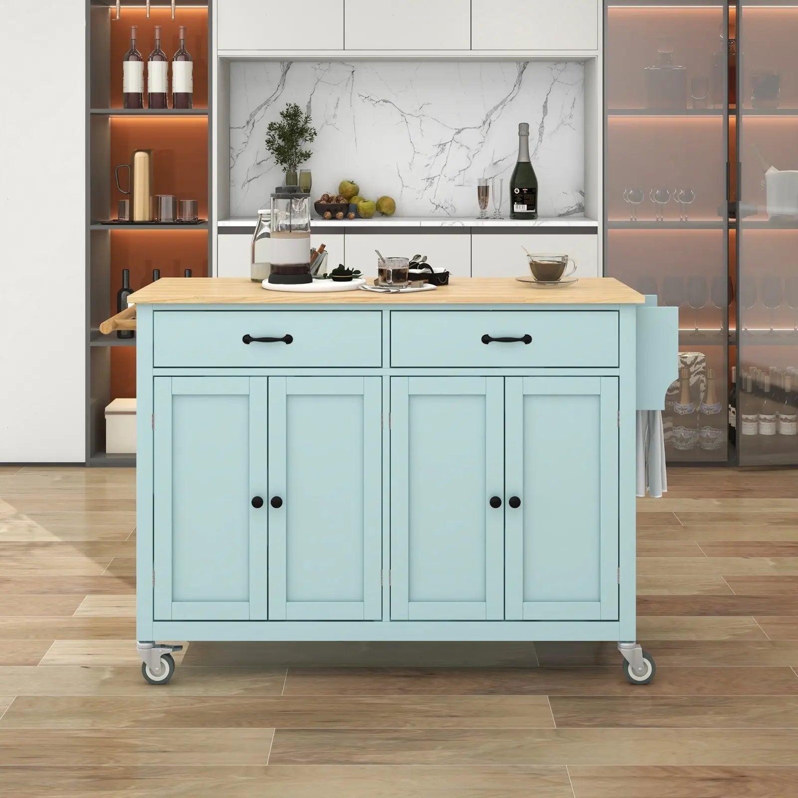 Kitchen Island Cart 4-Door Cabinet, 2 Drawers, 2 Locking Wheels, Solid Wood Top My Store