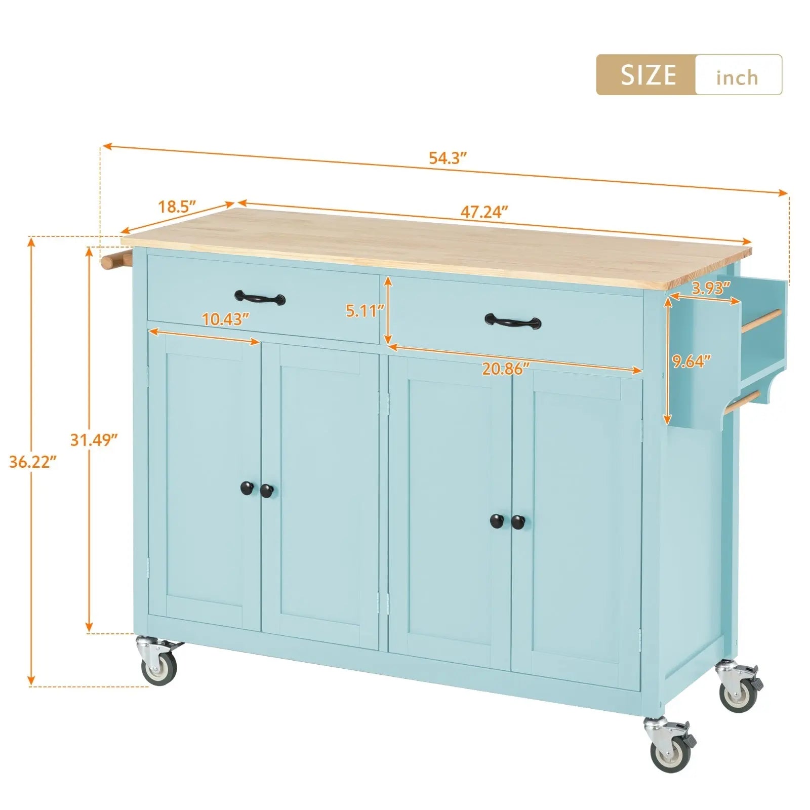 Kitchen Island Cart 4-Door Cabinet, 2 Drawers, 2 Locking Wheels, Solid Wood Top My Store