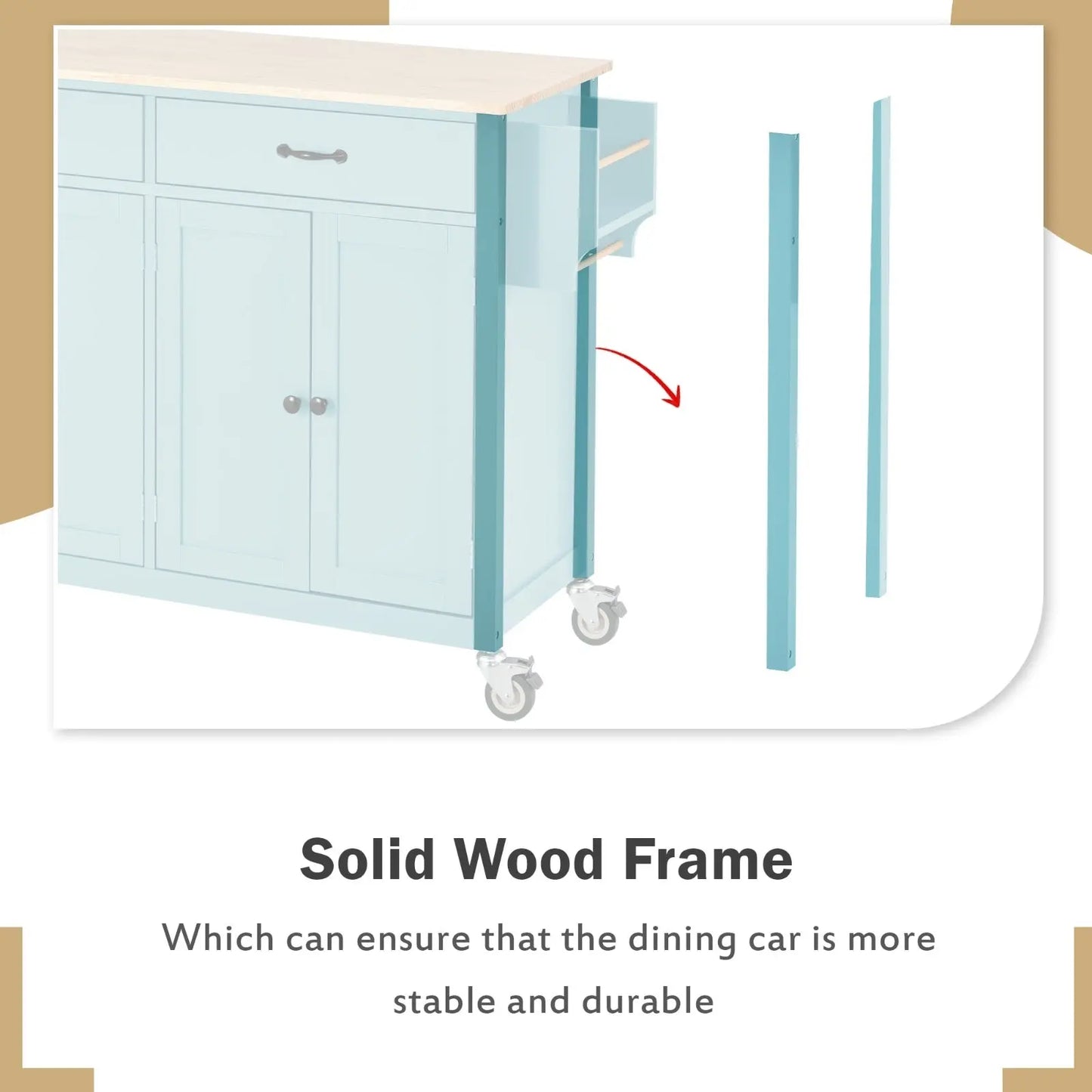 Kitchen Island Cart 4-Door Cabinet, 2 Drawers, 2 Locking Wheels, Solid Wood Top My Store