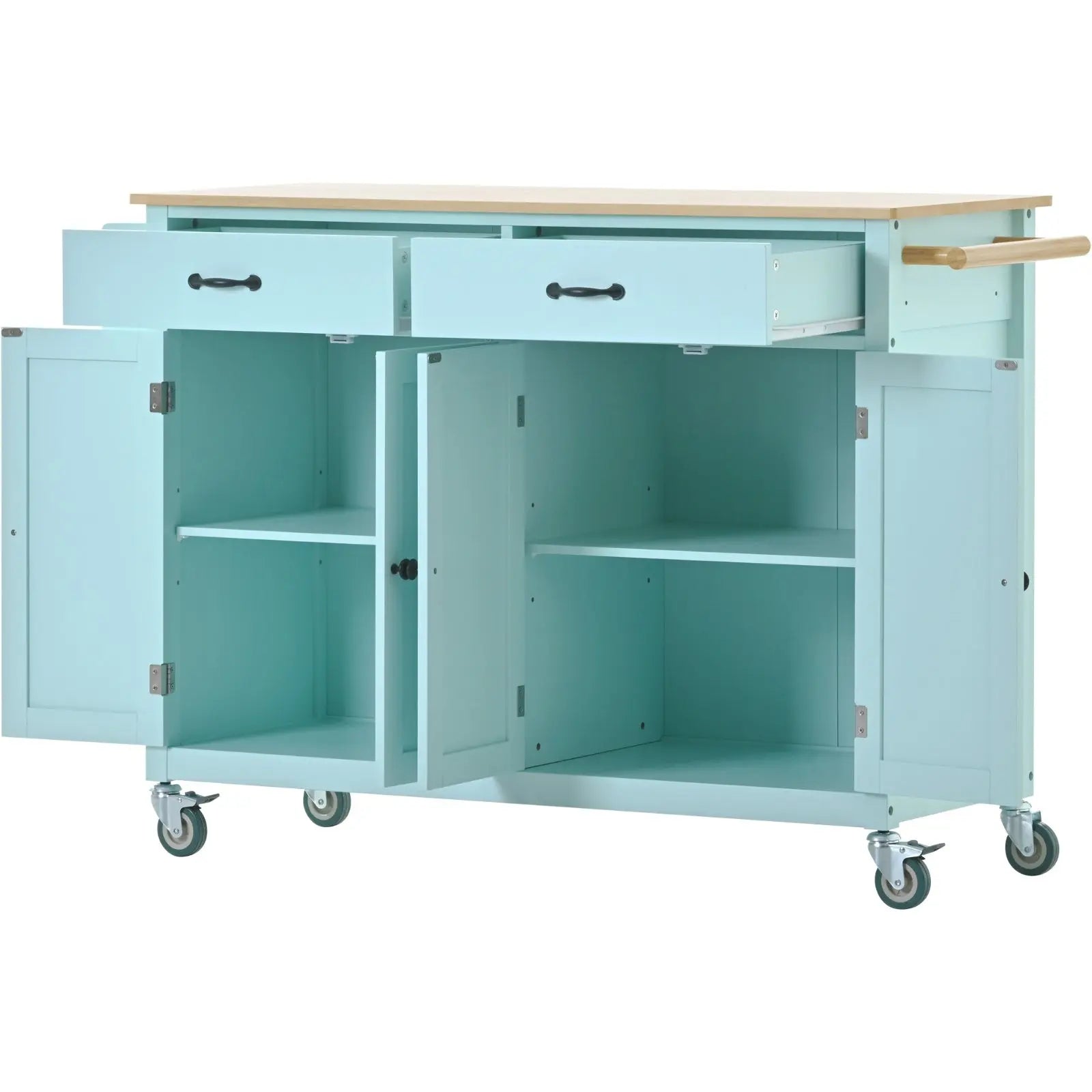 Kitchen Island Cart 4-Door Cabinet, 2 Drawers, 2 Locking Wheels, Solid Wood Top My Store
