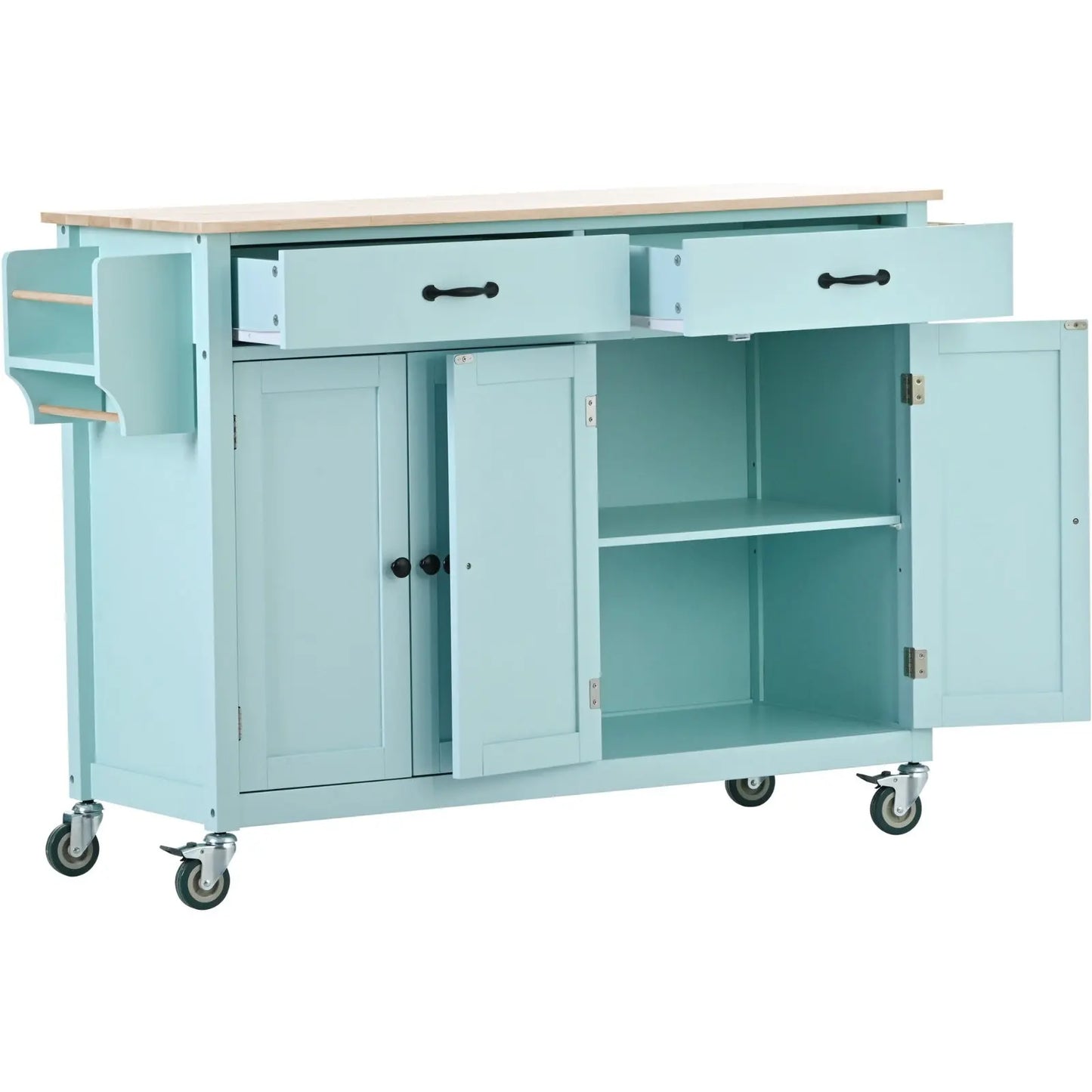 Kitchen Island Cart 4-Door Cabinet, 2 Drawers, 2 Locking Wheels, Solid Wood Top My Store