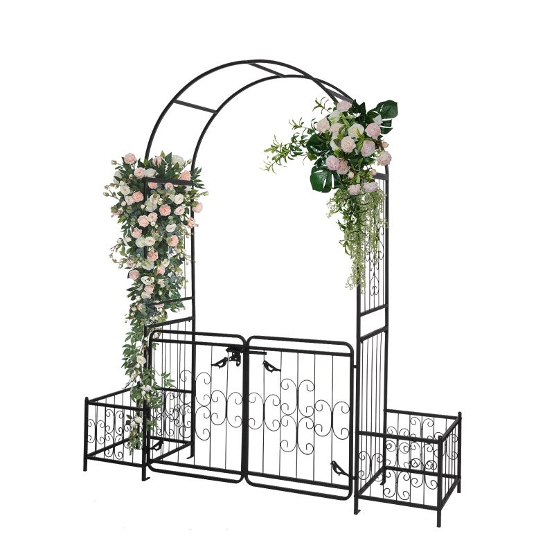 7.2ft Black Curved Roof With Door And Planting Frame, Iron Art 16mm Pipe, Iron Arch, Courtyard Inkedjoy
