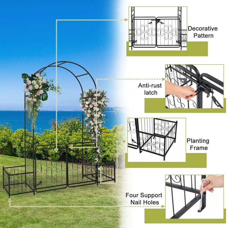 7.2ft Black Curved Roof With Door And Planting Frame, Iron Art 16mm Pipe, Iron Arch, Courtyard Inkedjoy