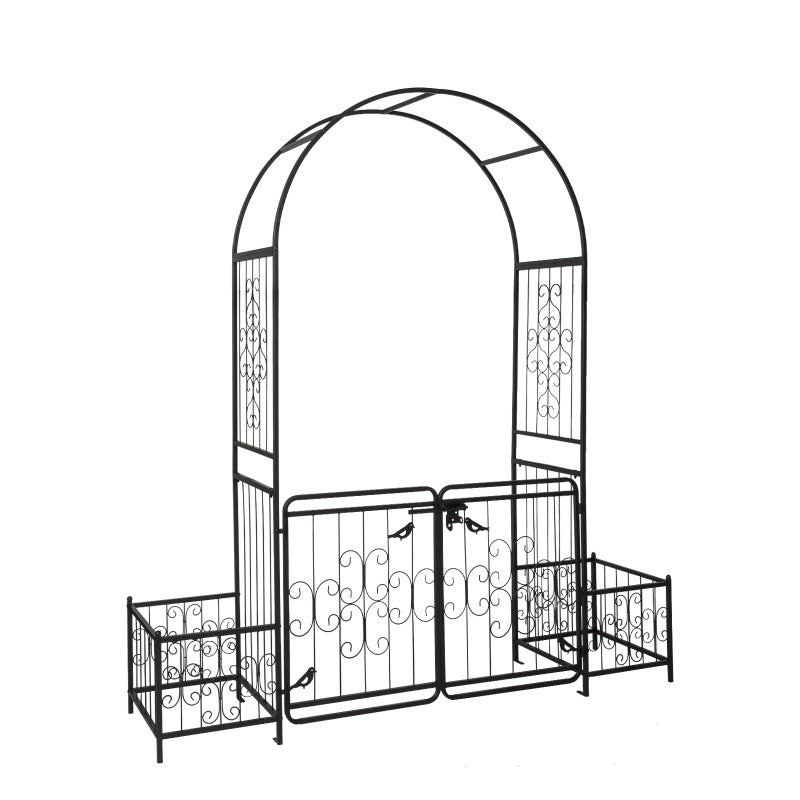 7.2ft Black Curved Roof With Door And Planting Frame, Iron Art 16mm Pipe, Iron Arch, Courtyard Inkedjoy