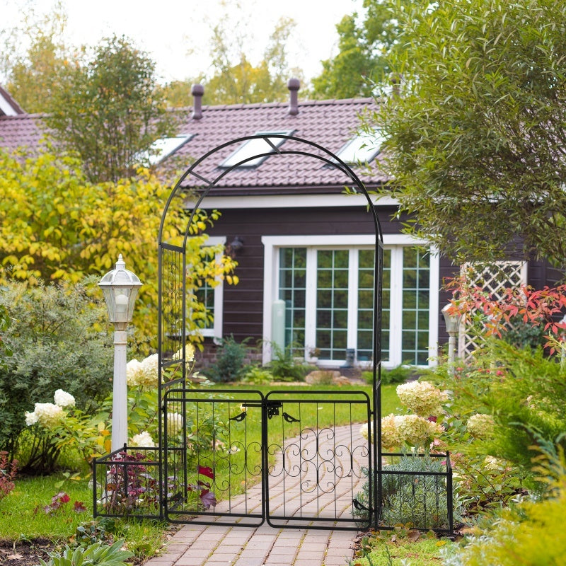 7.2ft Black Curved Roof With Door And Planting Frame, Iron Art 16mm Pipe, Iron Arch, Courtyard Inkedjoy