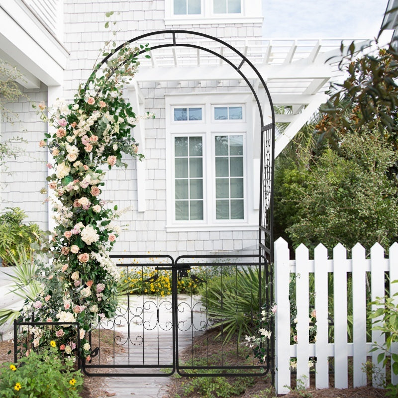 7.2ft Black Curved Roof With Door And Planting Frame, Iron Art 16mm Pipe, Iron Arch, Courtyard Inkedjoy