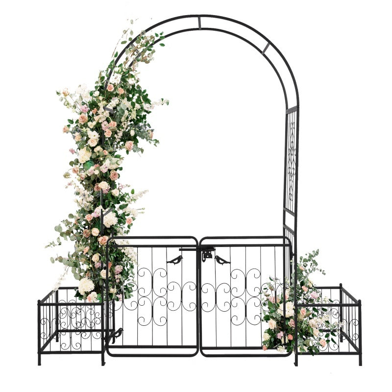 7.2ft Black Curved Roof With Door And Planting Frame, Iron Art 16mm Pipe, Iron Arch, Courtyard Inkedjoy