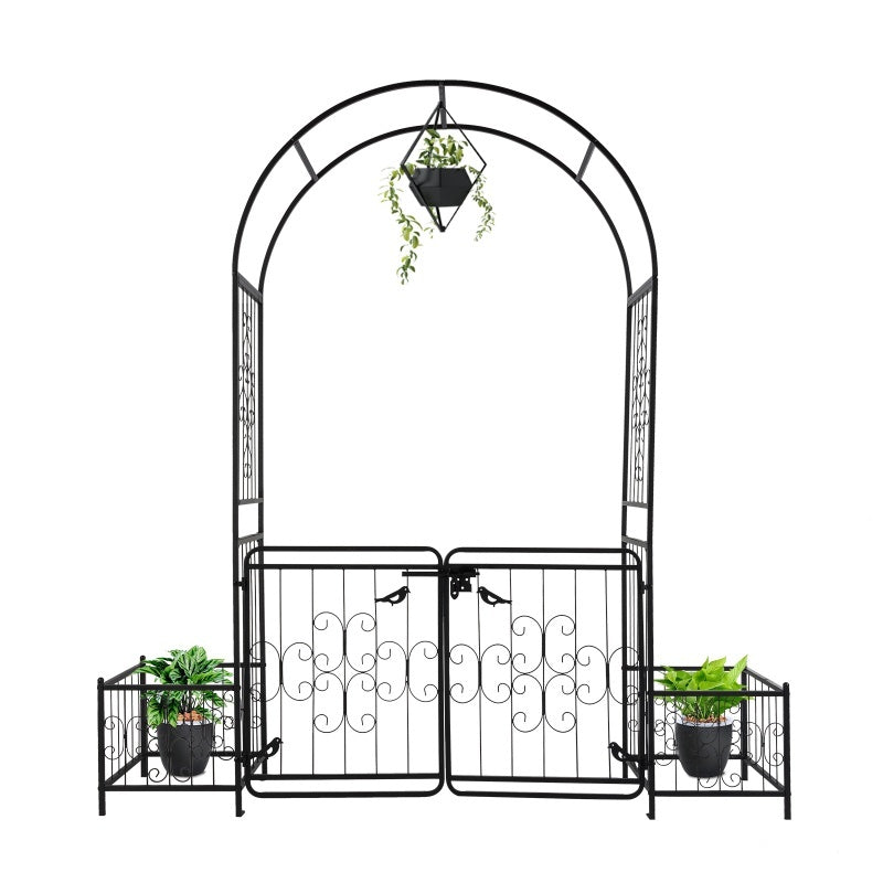 7.2ft Black Curved Roof With Door And Planting Frame, Iron Art 16mm Pipe, Iron Arch, Courtyard Inkedjoy