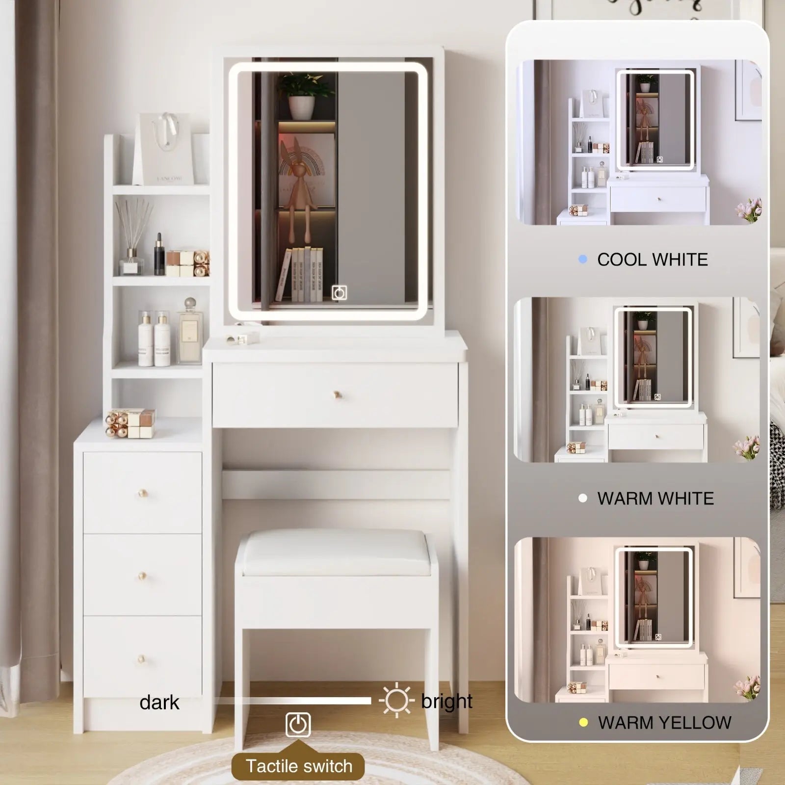 Small Size Left Bedside Cabinet Vanity Table   Cushioned Stool, Extra Large Touch Control Sliding LE My Store