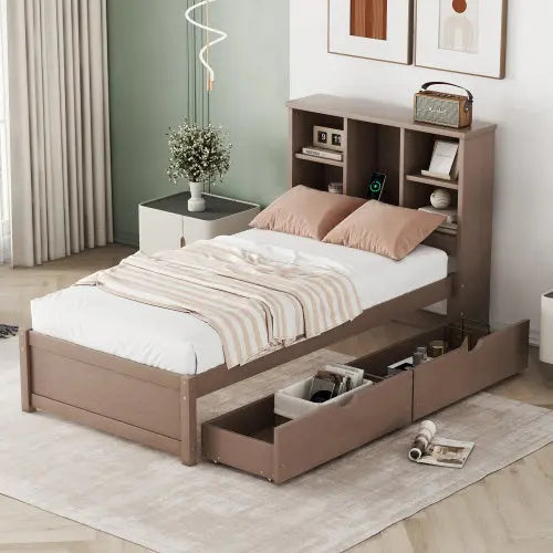 Modern Twin Size Bed Frame With Built-in USB Port On Bookcase Headboard And 2 Drawers For Walnut Color My Store