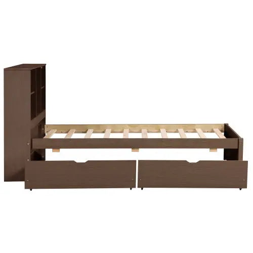 Modern Twin Size Bed Frame With Built-in USB Port On Bookcase Headboard And 2 Drawers For Walnut Color My Store
