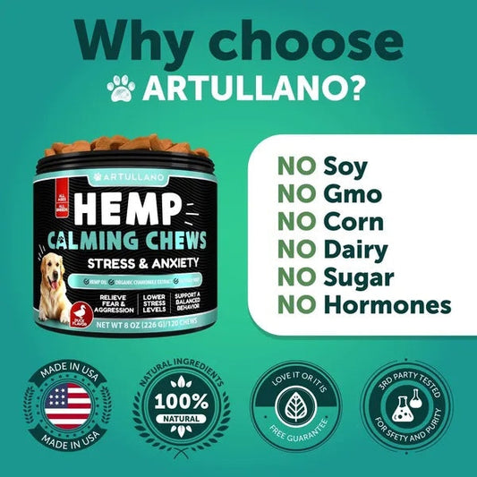 Hemp Calming Chews For Anxiety Relief With Hemp Oil Turmeric Valerian Ginger For Dogs- 120 Treats My Store