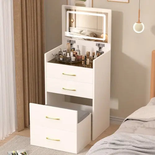 3 In 1 Vanity Desk With Open Top Mirror With Visible Glass Desktop And 3 Drawers My Store