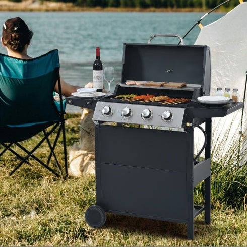 Propane Gas Grill 4 Burner Barbecue Grill With Two Shelves, Lid, Wheels And Bottle Opener Inkedjoy