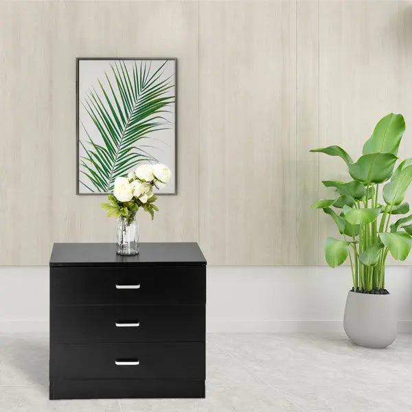 3 Drawers Bedside Table Black My Store
