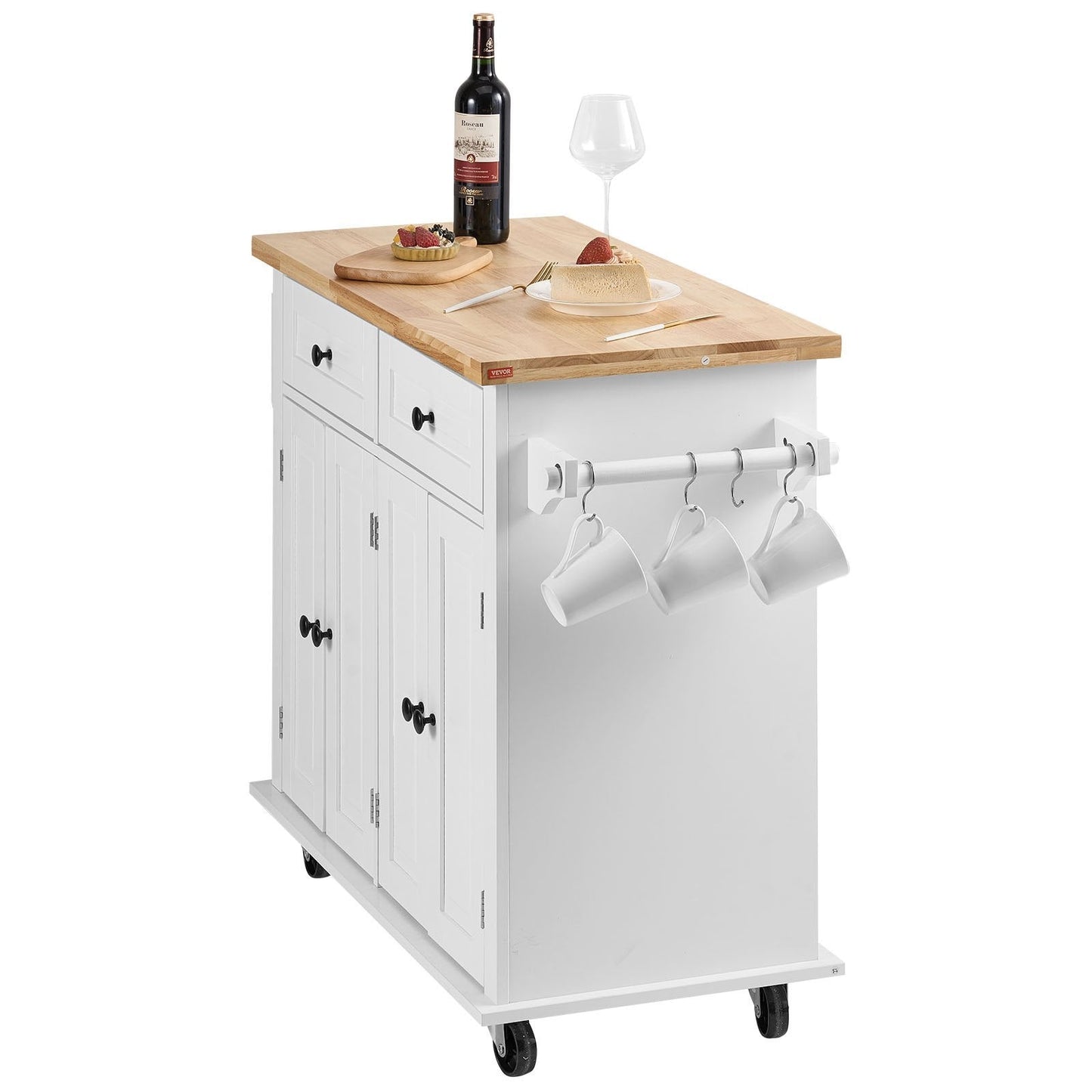 Kitchen Island Cart With Solid Wood On Wheels, White Inkedjoy