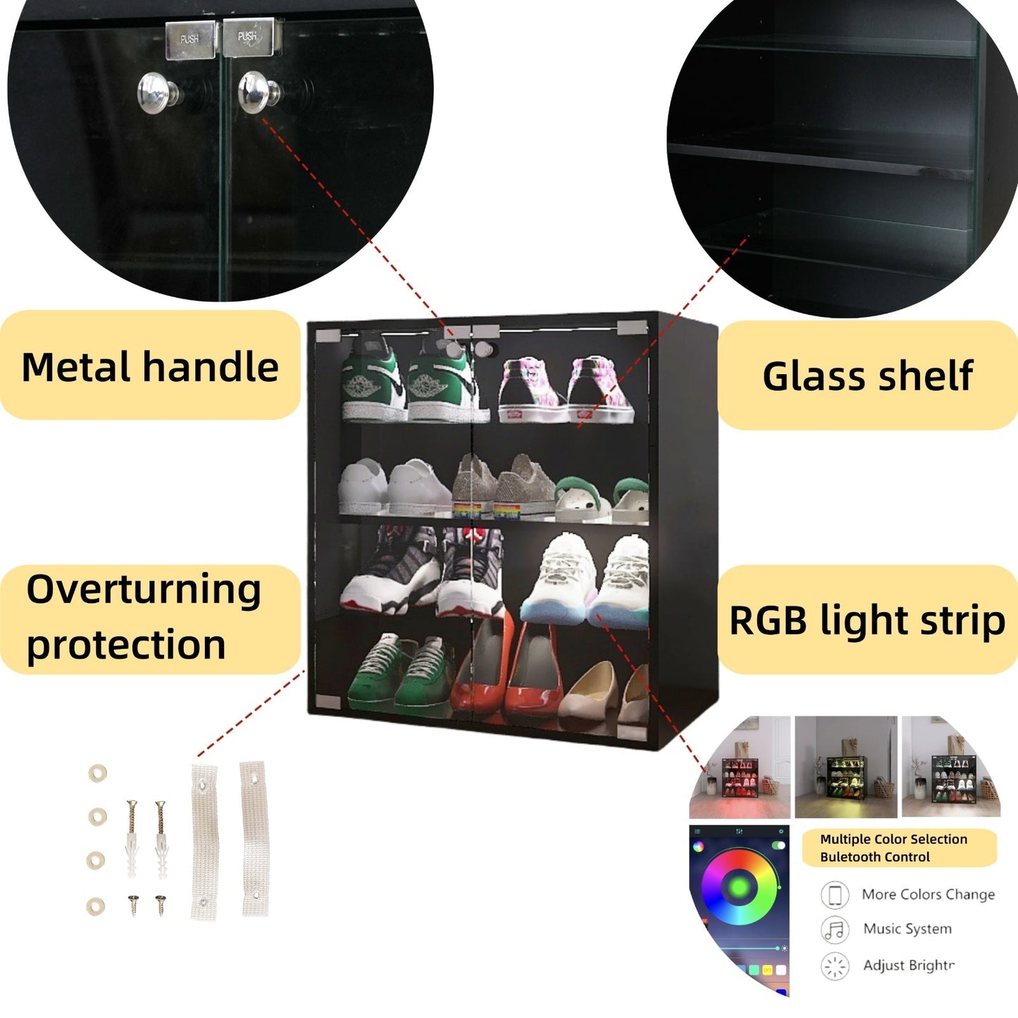 4-Layer Black Shoe Cabinet With Glass Door, LED Light Display Inkedjoy
