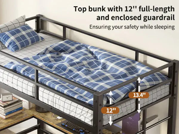 Twin Metal Loft Bed With L-Shaped Desk, Charging Station- Black My Store