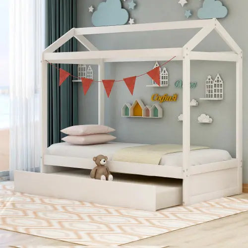 House Bed With Trundle- White My Store