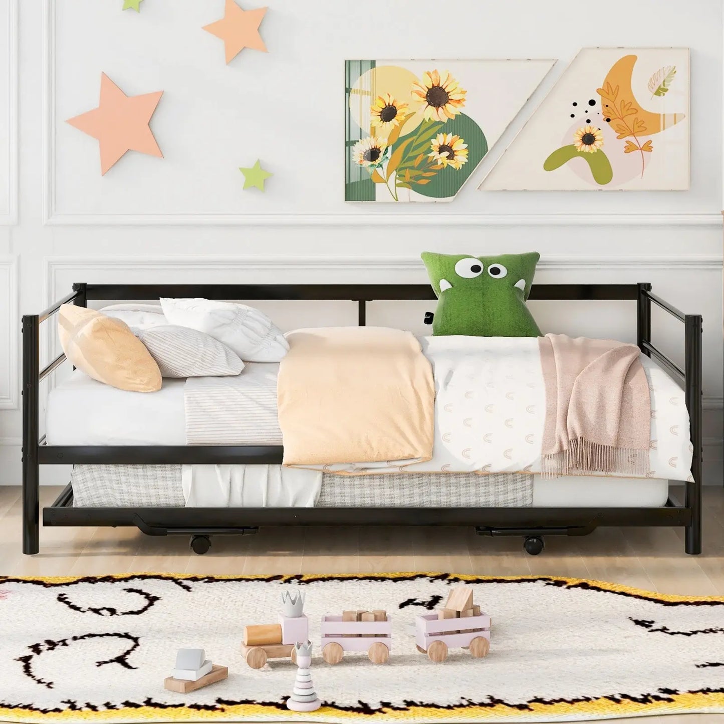 Twin Size Metal Daybed With Adjustable Trundle Up Trundle, Black My Store