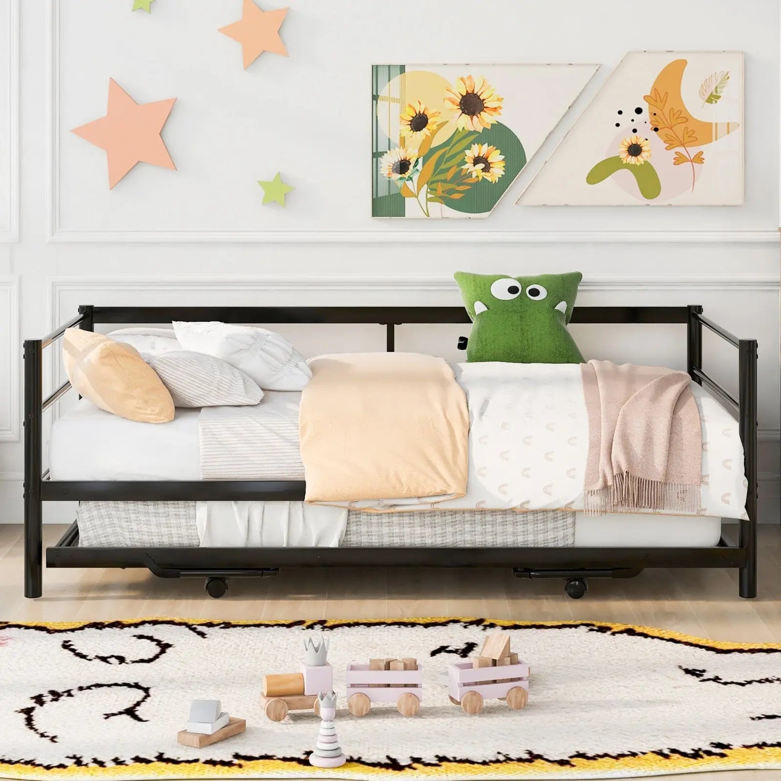 Twin Size Metal Daybed With Adjustable Trundle Up Trundle, Black My Store