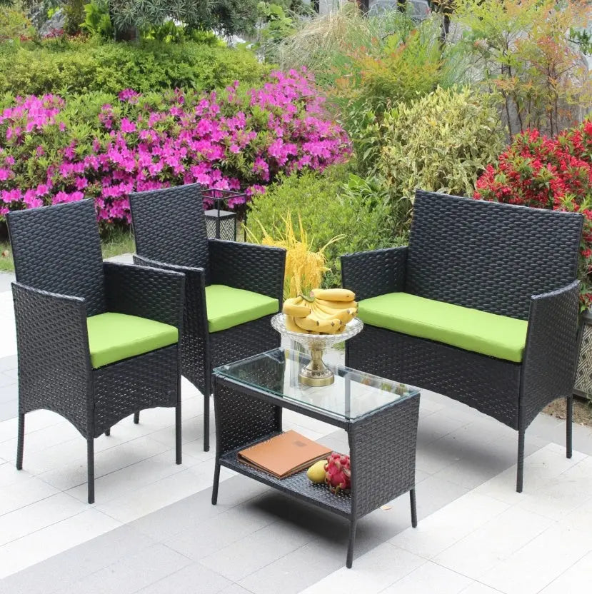 4PC Rattan Patio Furniture Set Outdoor Wicker Sofa W  Green Cushions My Store