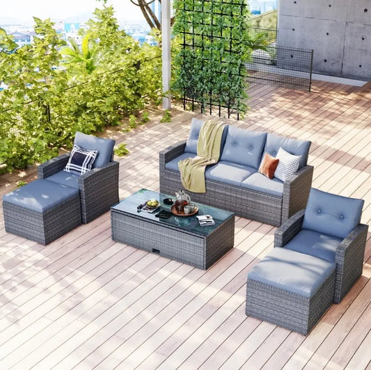 6-Piece All-Weather Wicker PE Rattan Patio Dining Set With Coffee Table My Store