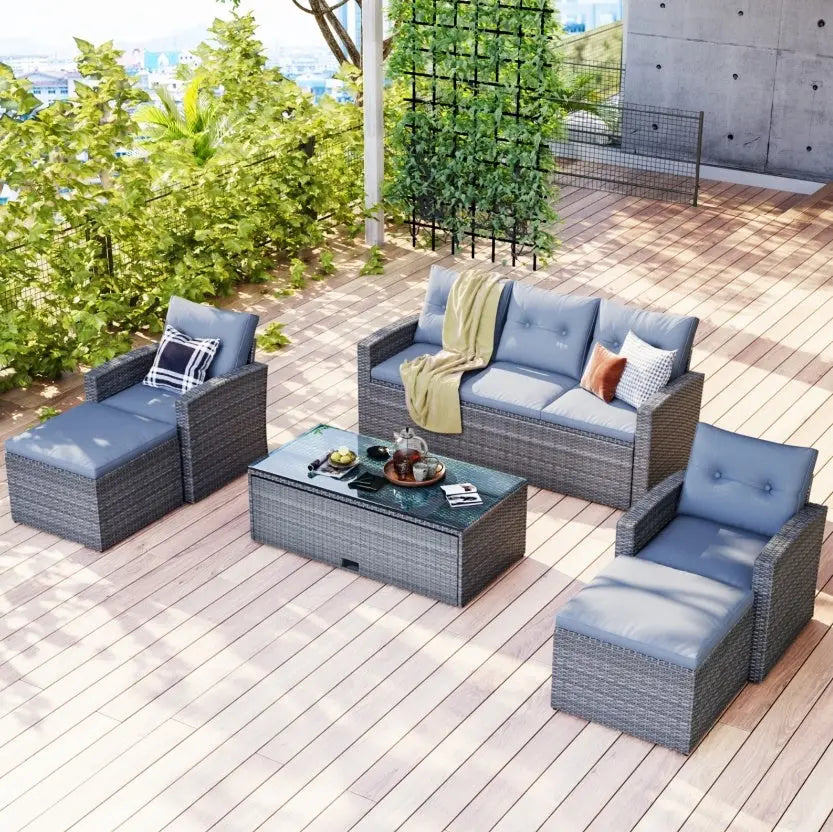 6-Piece All-Weather Wicker PE Rattan Patio Dining Set With Coffee Table My Store