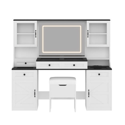 Farmhouse Vanity Desk With Mirror And LED Lights With 5 Drawers And 4 Cabinets And Cushion Stool Inkedjoy