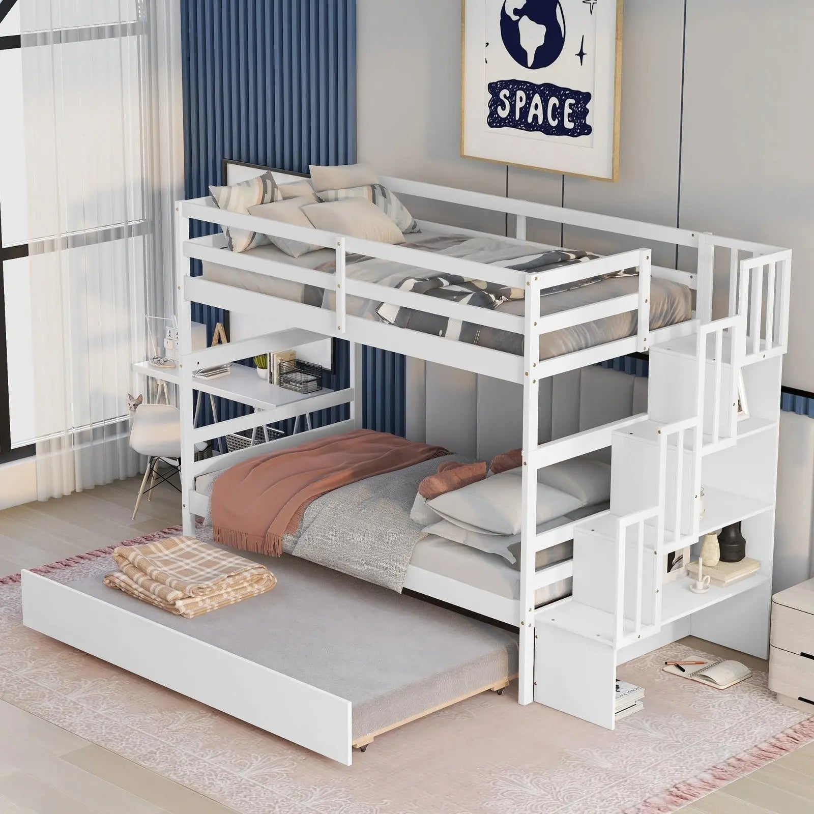 Twin Bunk Beds With Trundle & Stairway Storage In White Siesta
